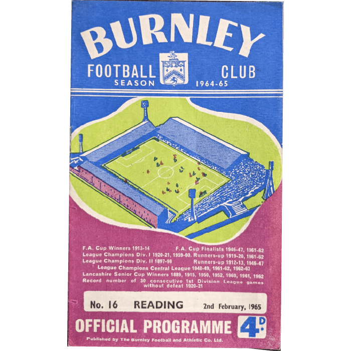 Burnley V Reading 1965 football programme