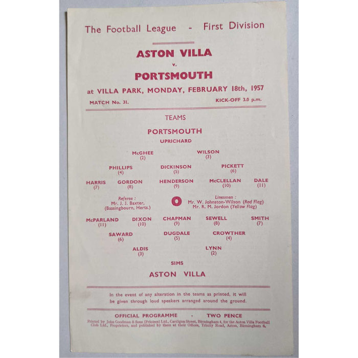 Aston Villa V Portsmouth 1957